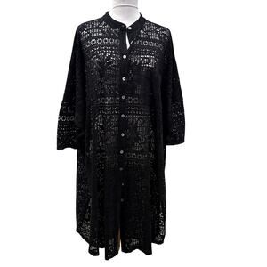 Free People Beach Black Crochet Lace Swim Cover Up Midi Shirt Dress Small Resort
